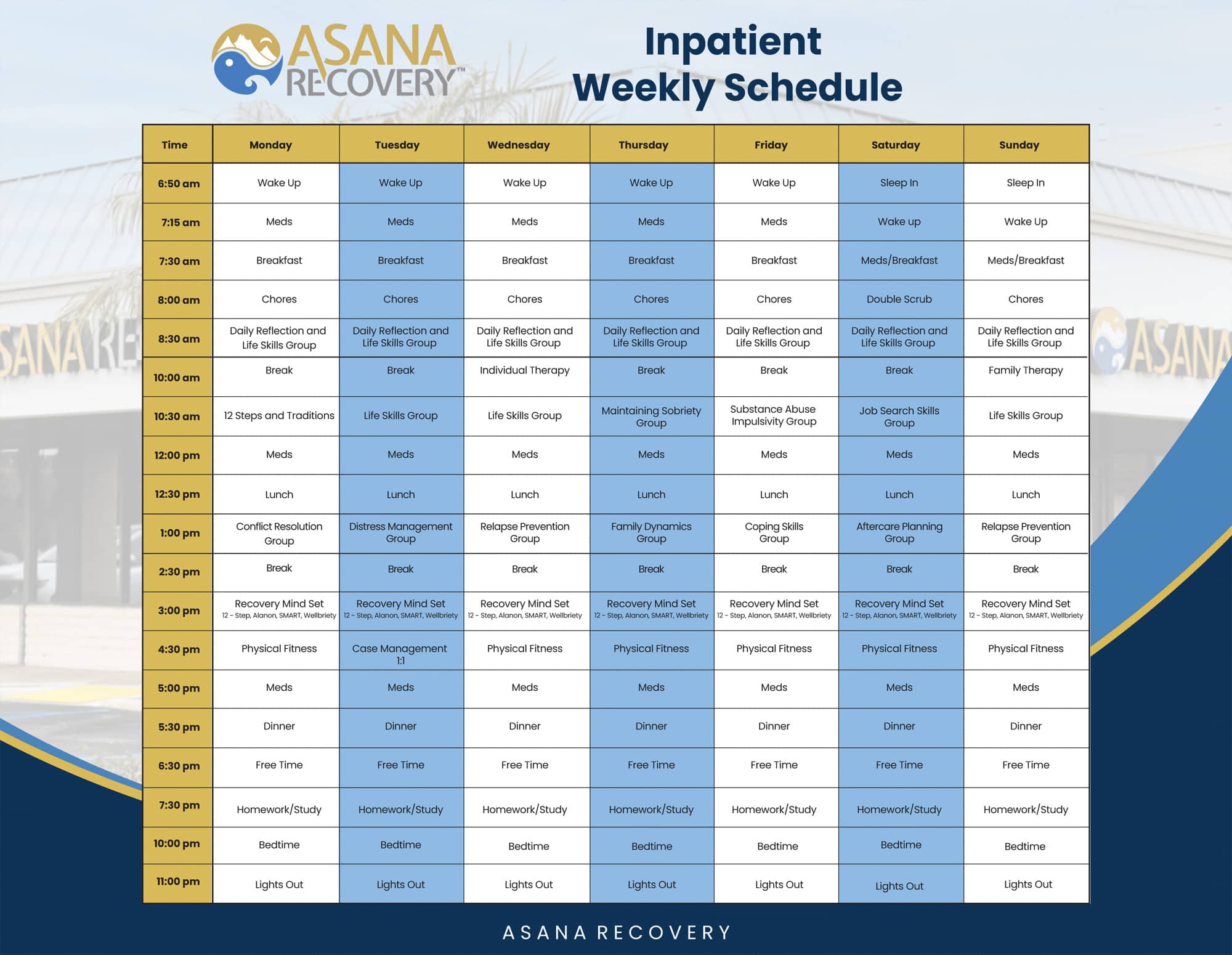 Asana Recovery Inpatient Weekly Schedule