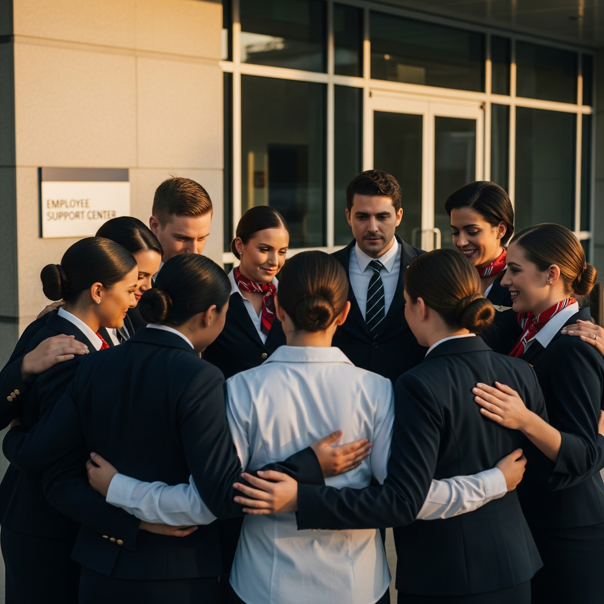 A group of airline employees in uniform huddling together after a counseling session.